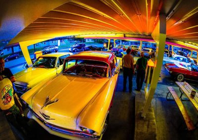 Yellow classic car with fisheye lens